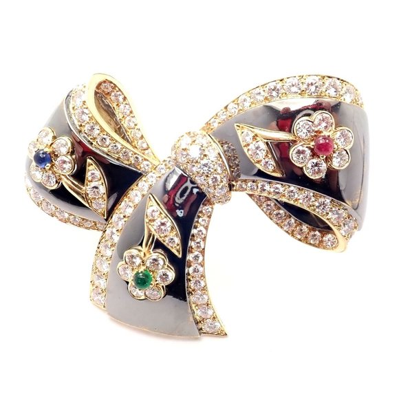 Rare Van Cleef & Arpels 18k Gold Diamond Ruby Emerald Sapphire Flower Pin Brooch - Picture 2 of 11